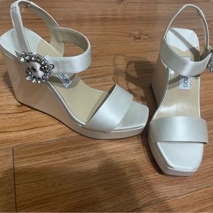 Jimmy Choo Mirabelle 110 White Satin Wedge with crystal embellish.